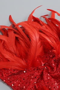 Mini-robe bustier ornée de plumes et de sequins en rouge