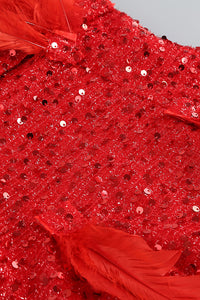 Mini-robe bustier ornée de plumes et de sequins en rouge