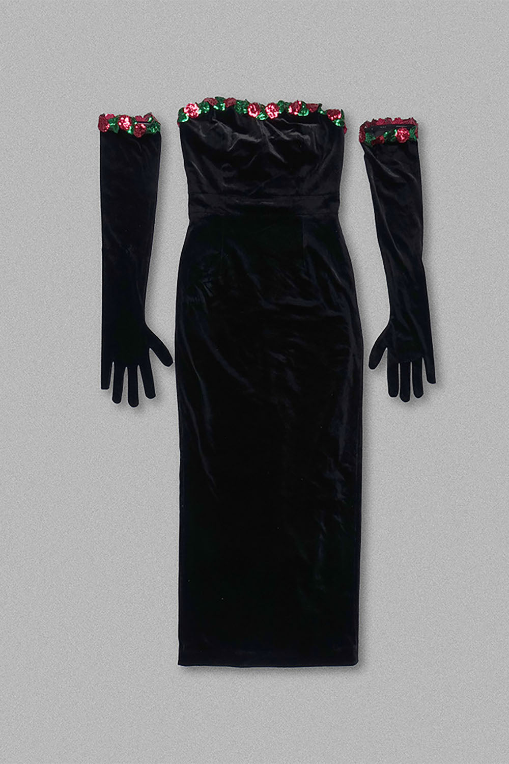Strapless Sequins Floral-Trim Velvet Midi Dress