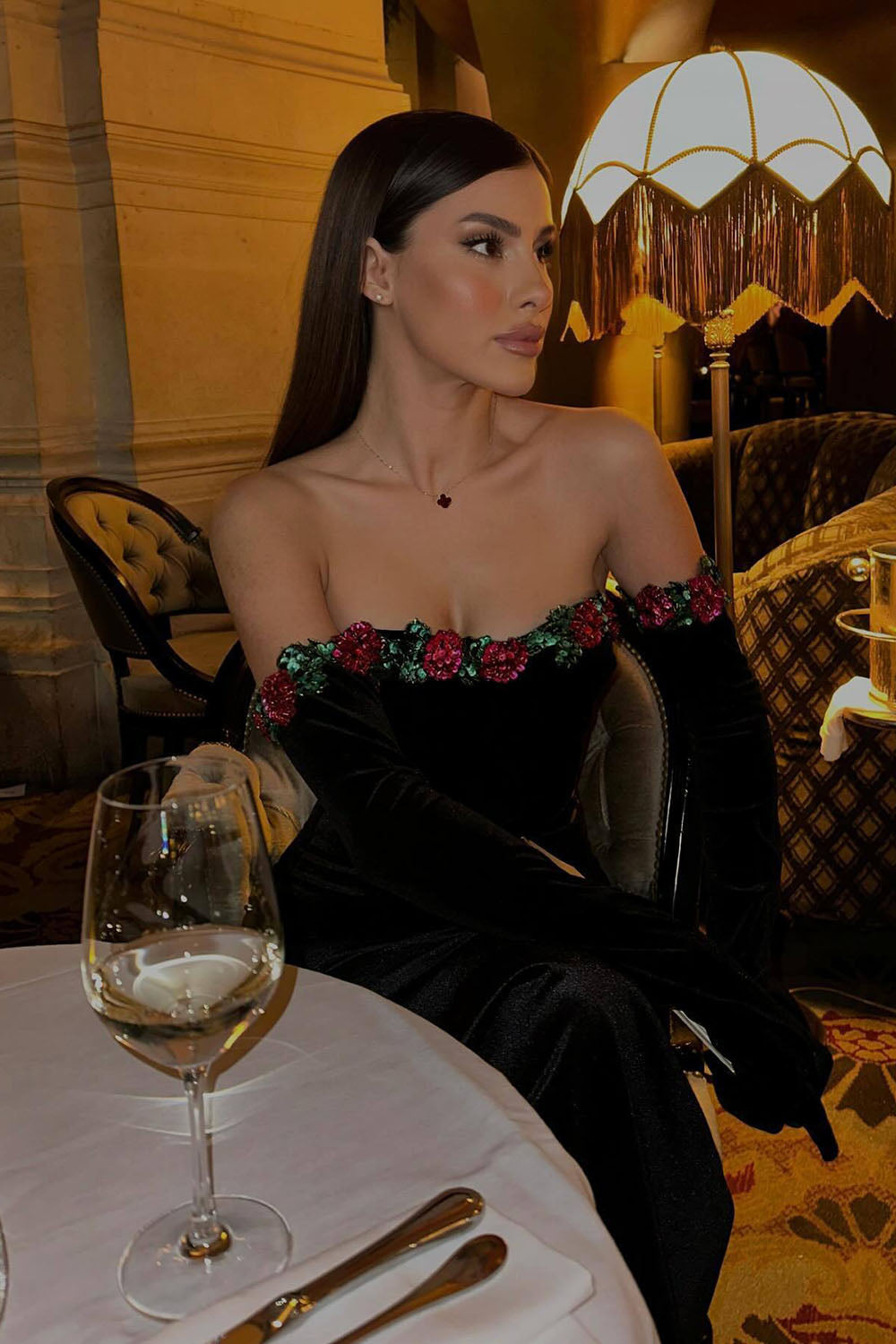 Strapless Sequins Floral-Trim Velvet Midi Dress