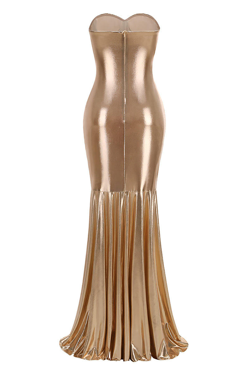 Strapless Shirred Front Fishtail Maxi Dress in Gold CHICIDA Strapless Shirred Front Fishtail Maxi Dress in Gold CHICIDA