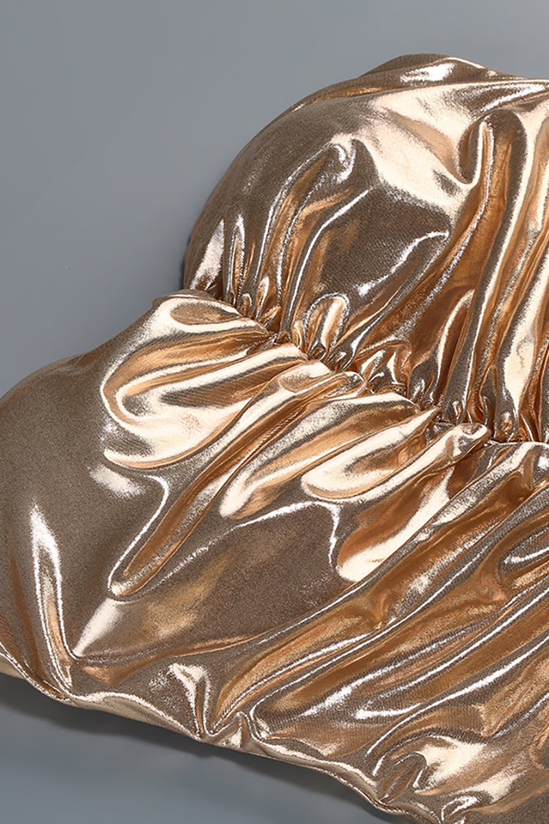 Strapless Shirred Front Fishtail Maxi Dress in Gold