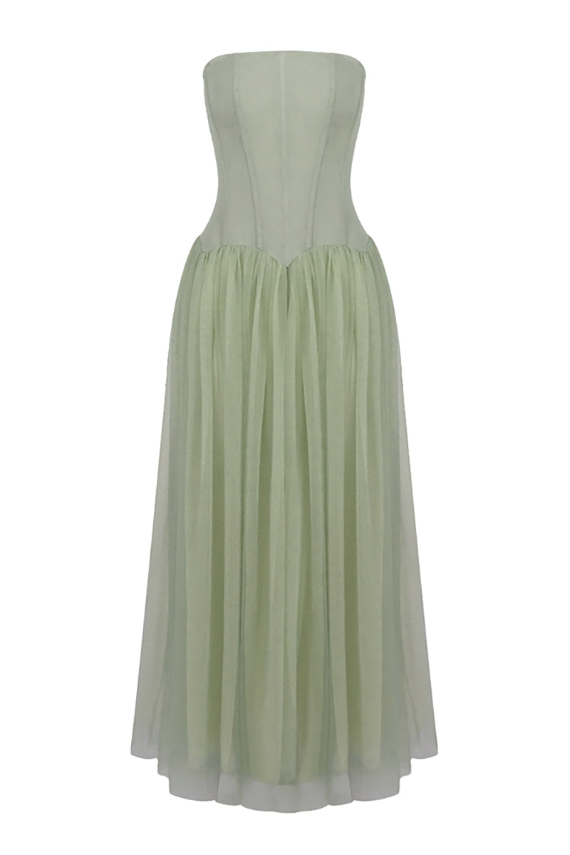 Strapless Tulle Pleated Gown in Green