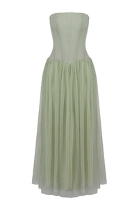 Strapless Tulle Pleated Gown in Green