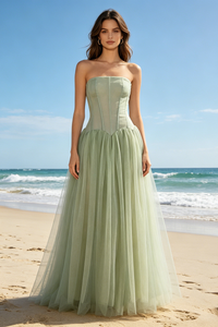 Strapless Tulle Pleated Gown in Green