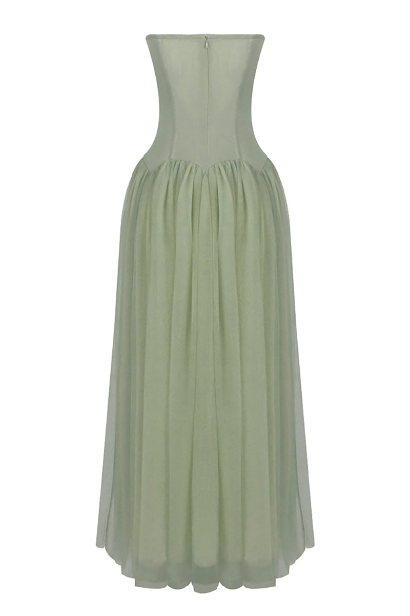 Strapless Tulle Pleated Gown in Green