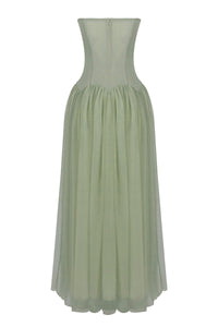 Strapless Tulle Pleated Gown in Green