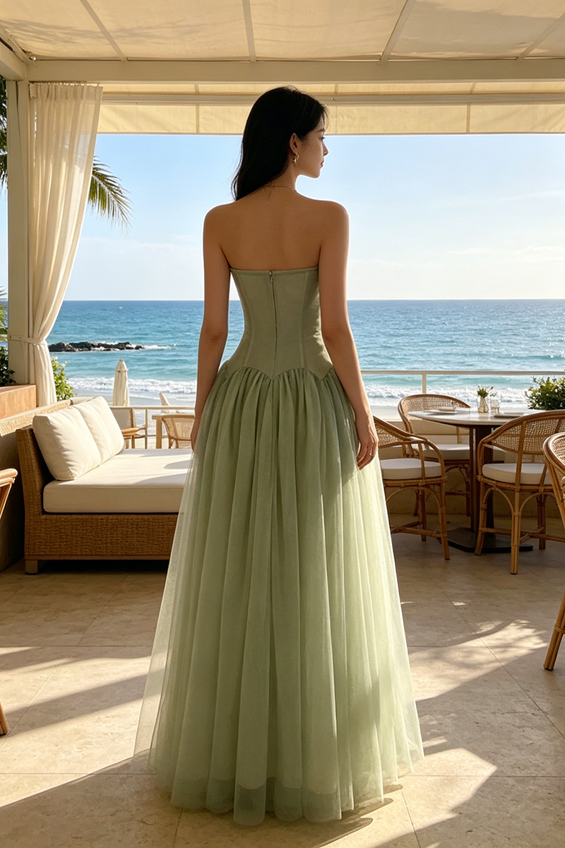 Strapless Tulle Pleated Gown in Green