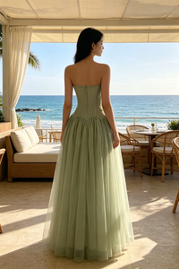 Strapless Tulle Pleated Gown in Green