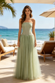 Strapless Tulle Pleated Gown in Green