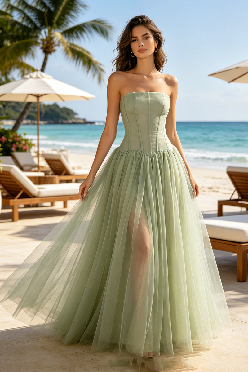 Strapless Tulle Pleated Gown in Green