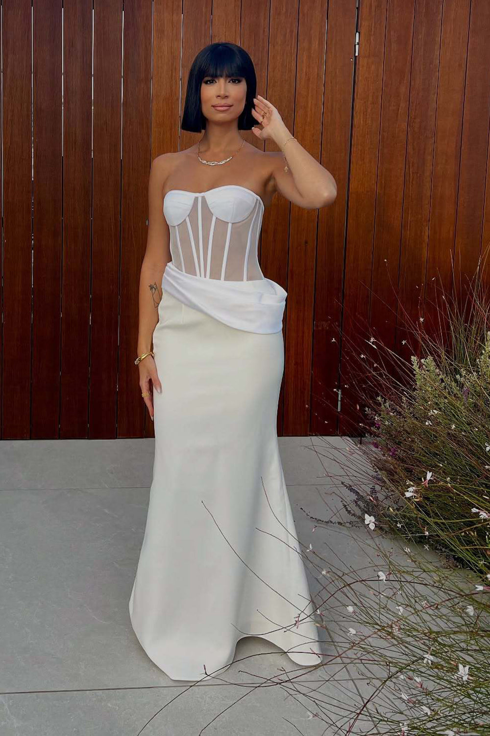 Strapless Veiled Corset Maxi Dress