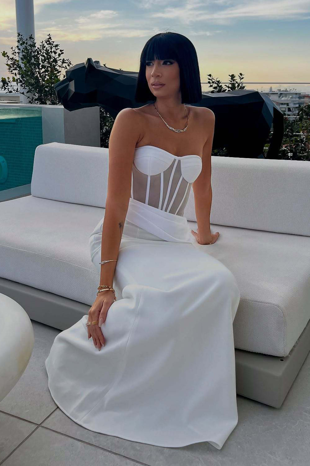 Strapless Veiled Corset Maxi Dress