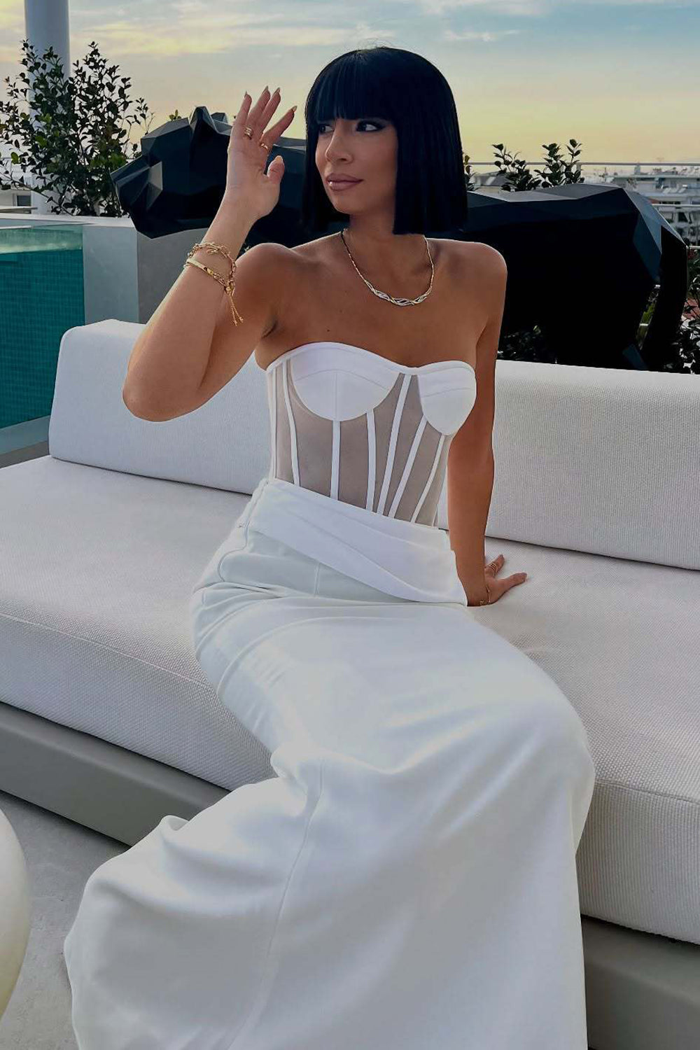 Strapless Veiled Corset Maxi Dress