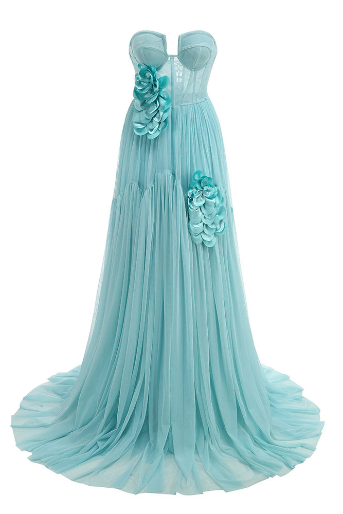 Strapless 3D Floral Chiffon Maxi Dress