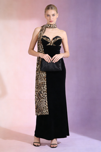 Strapless Crush Leopard Velvet Maxi Dress