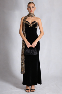 Strapless Crush Leopard Velvet Maxi Dress