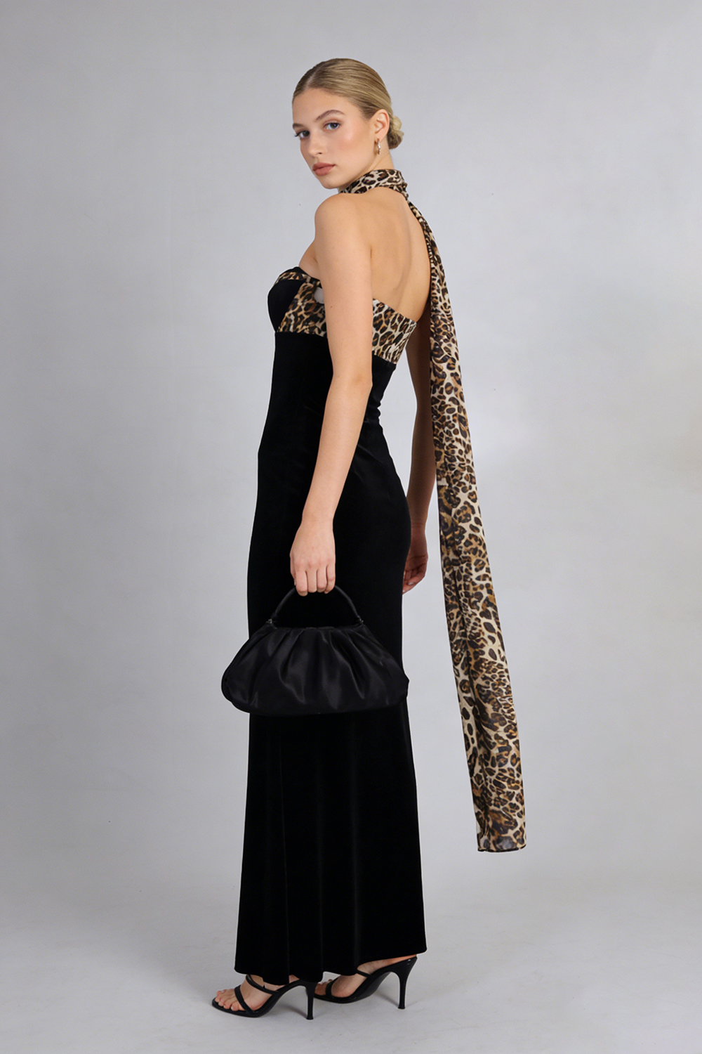 Strapless Crush Leopard Velvet Maxi Dress