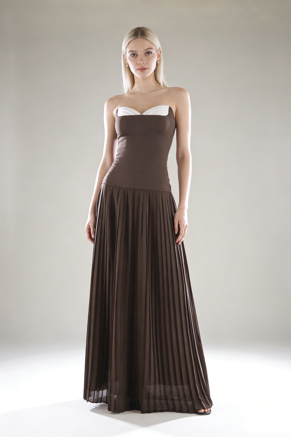 Strapless Drop Waist Pleated Gown