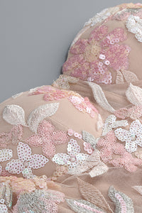 Strapless Flower Sequin-embellished Mesh Dress in Pink