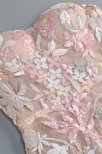 Strapless Flower Sequin-embellished Mesh Dress in Pink