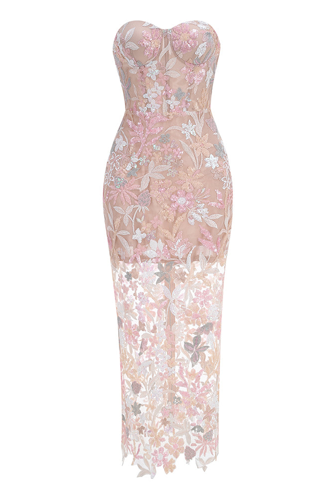 Strapless Flower Sequin-embellished Mesh Dress in Pink