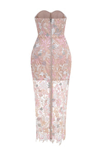 Strapless Flower Sequin-embellished Mesh Dress in Pink