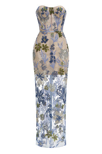 Strapless Flower Sequins Embellished Maxi Dress