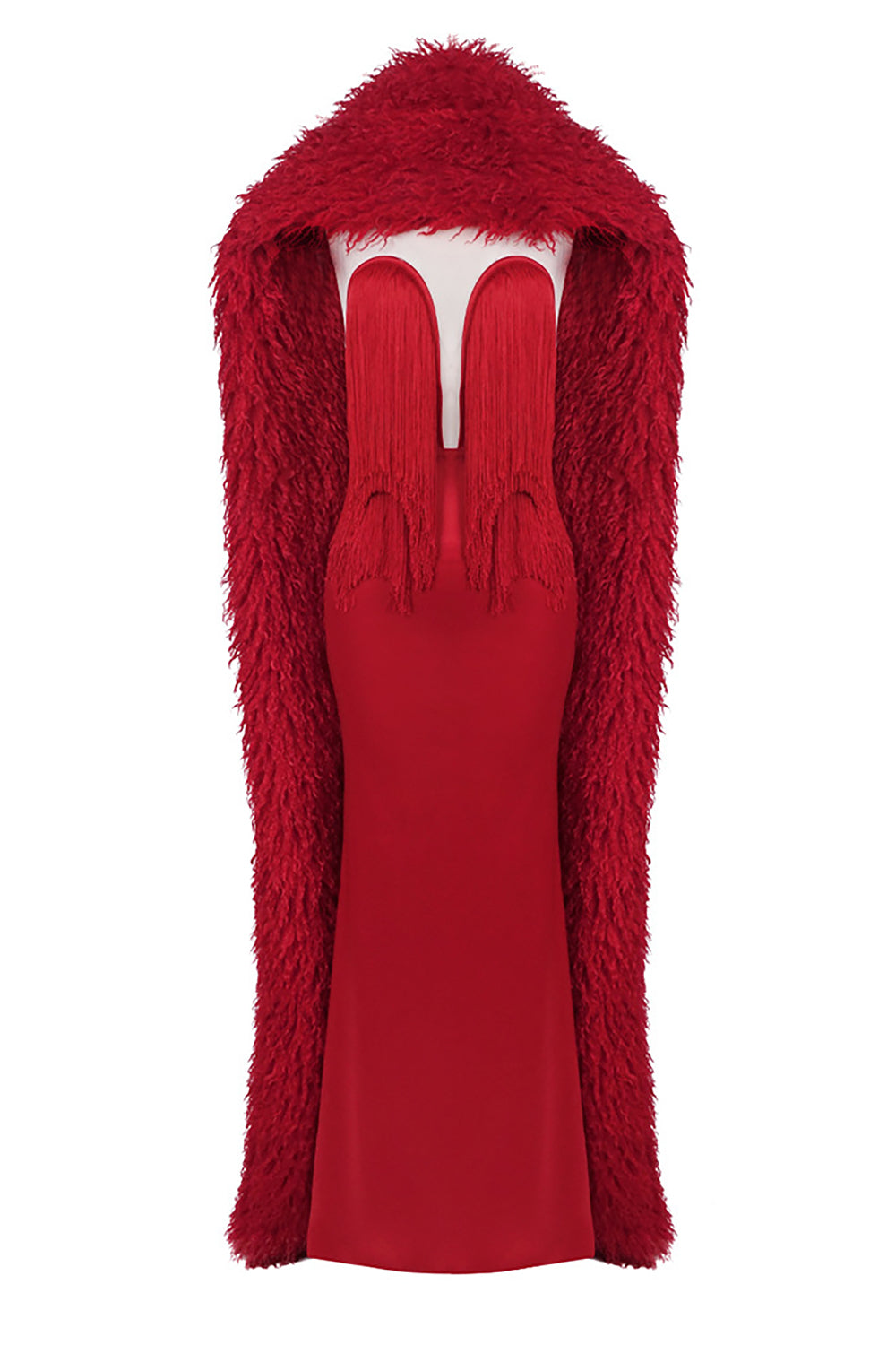 Strapless Fringe Dress with Fur Collar
