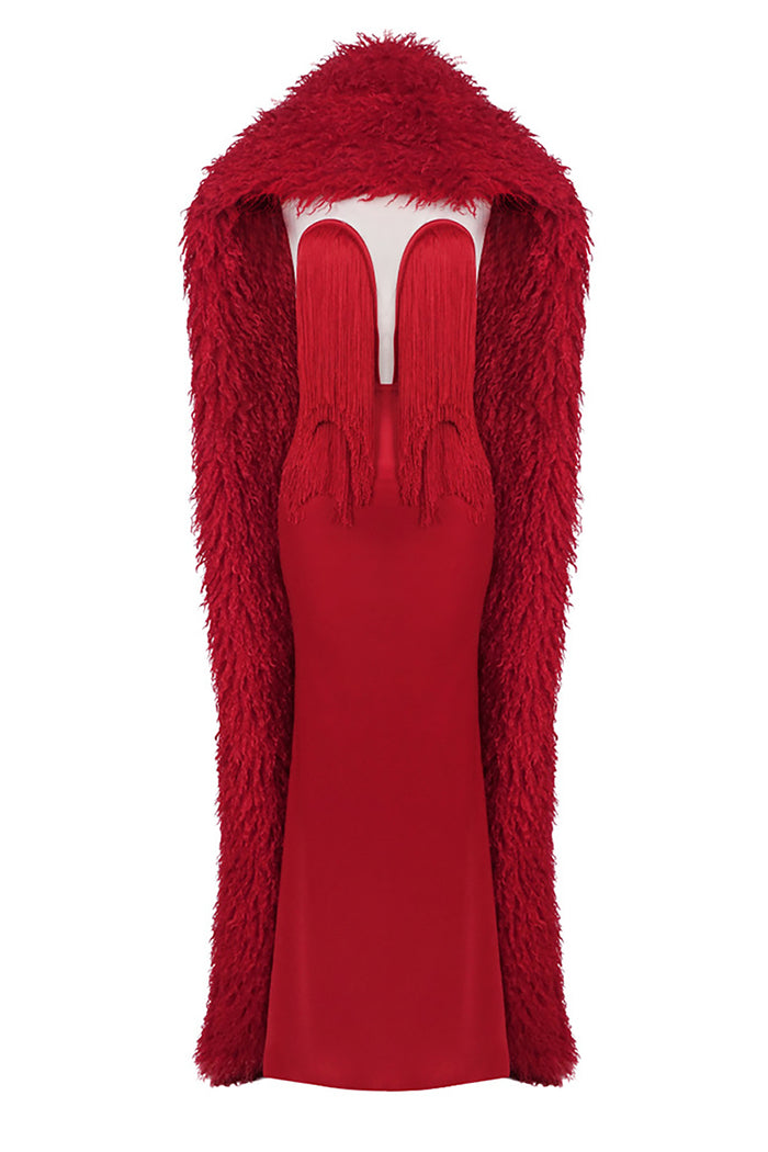 Strapless Fringe Dress with Fur Collar