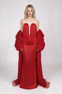 Strapless Fringe Dress with Fur Collar