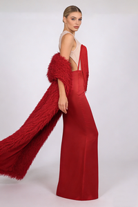 Strapless Fringe Dress with Fur Collar