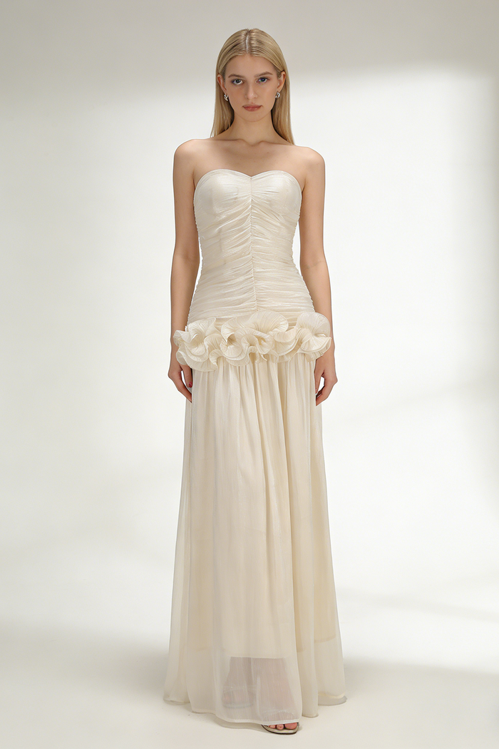 Strapless Ruffled Pleated Maxi Dress
