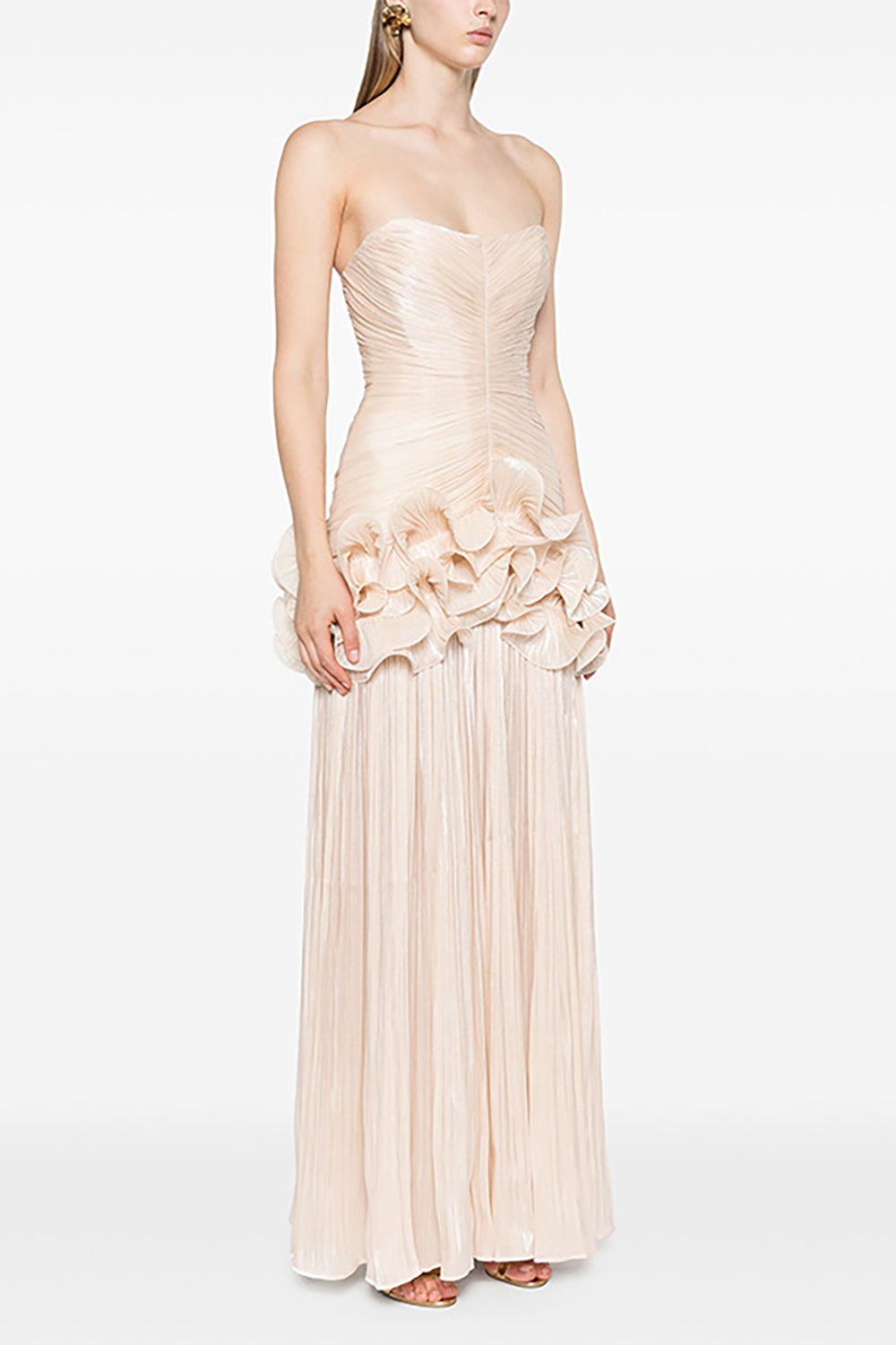 Strapless Ruffled Pleated Maxi Dress