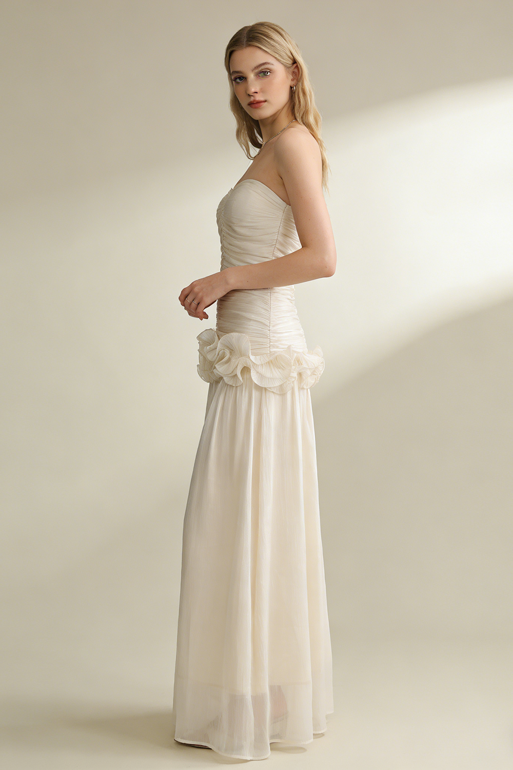 Strapless Ruffled Pleated Maxi Dress