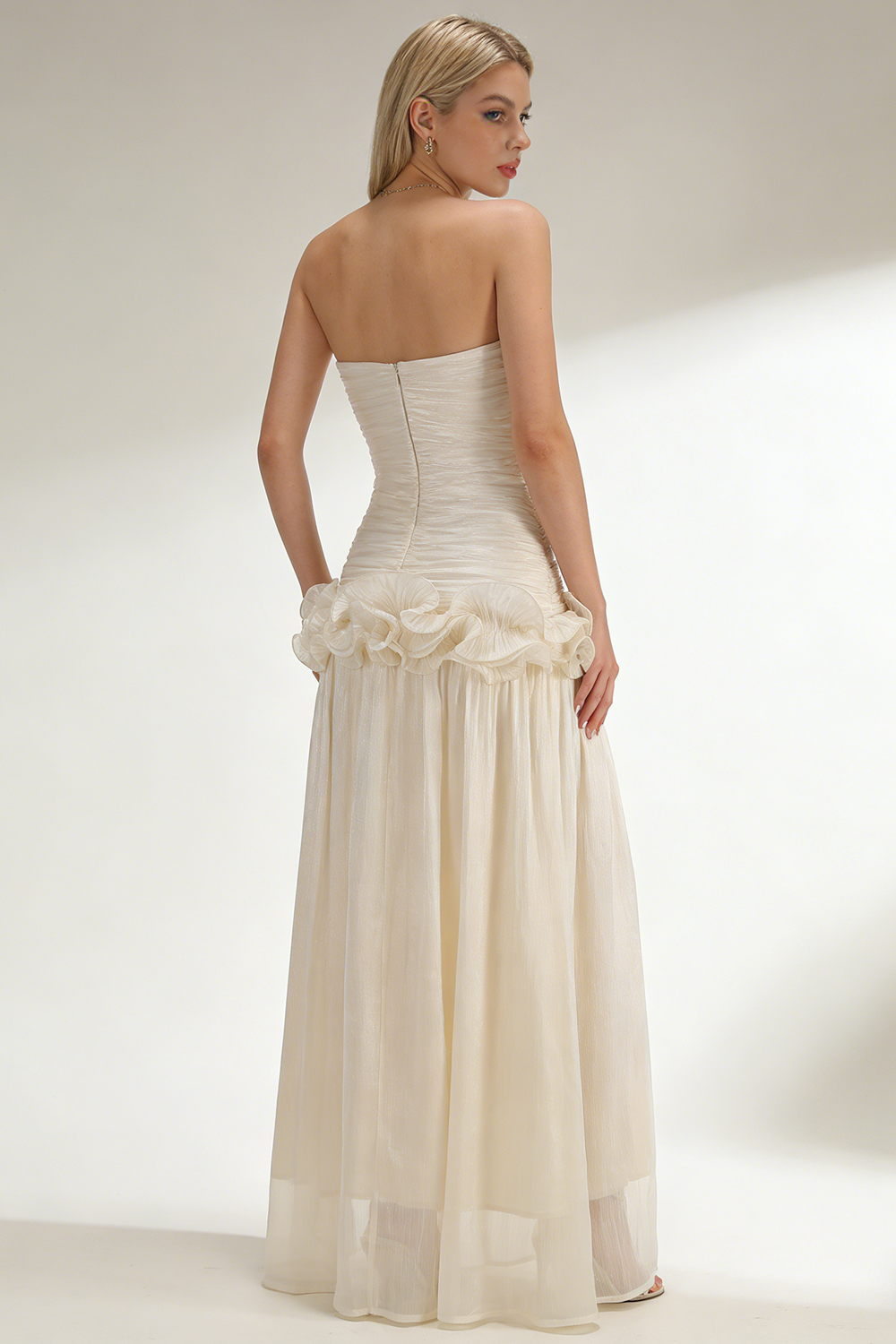 Strapless Ruffled Pleated Maxi Dress