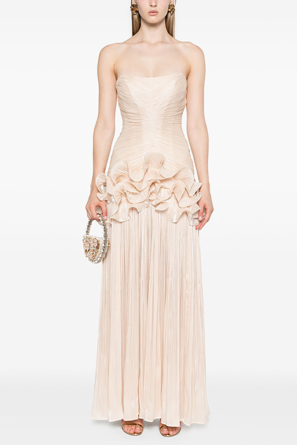 Strapless Ruffled Pleated Maxi Dress