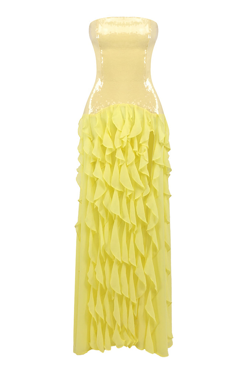 Strapless Sequin Ruffle Maxi Dress