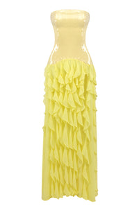Strapless Sequin Ruffle Maxi Dress