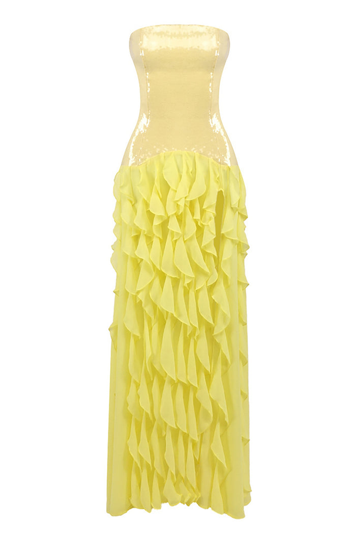 Strapless Sequin Ruffle Maxi Dress