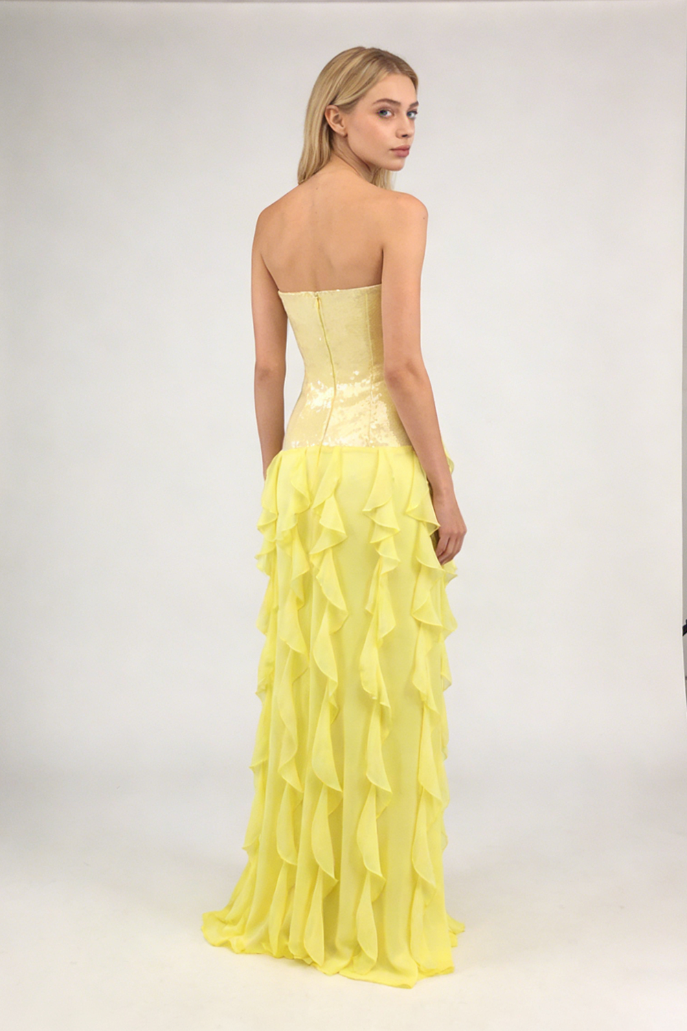 Strapless Sequin Ruffle Maxi Dress