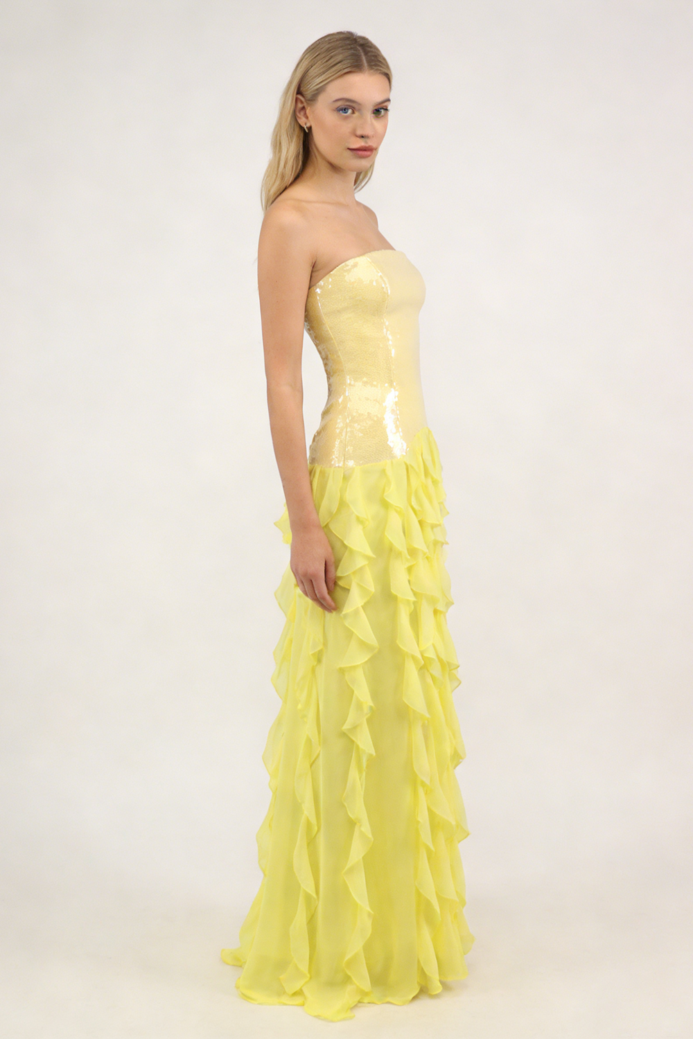 Strapless Sequin Ruffle Maxi Dress