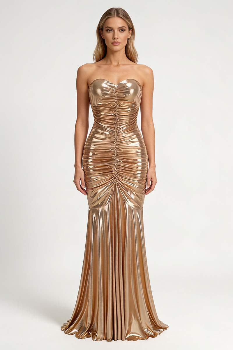 Strapless Shirred Front Fishtail Maxi Dress in Gold – CHICIDA