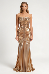 Strapless Shirred Front Fishtail Maxi Dress in Gold