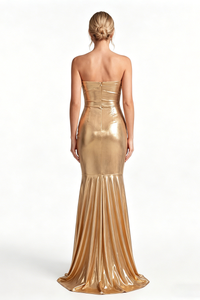 Strapless Shirred Front Fishtail Maxi Dress in Gold