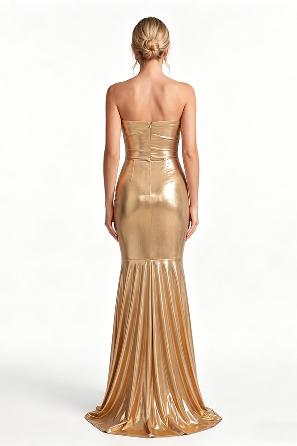Strapless Shirred Front Fishtail Maxi Dress in Gold