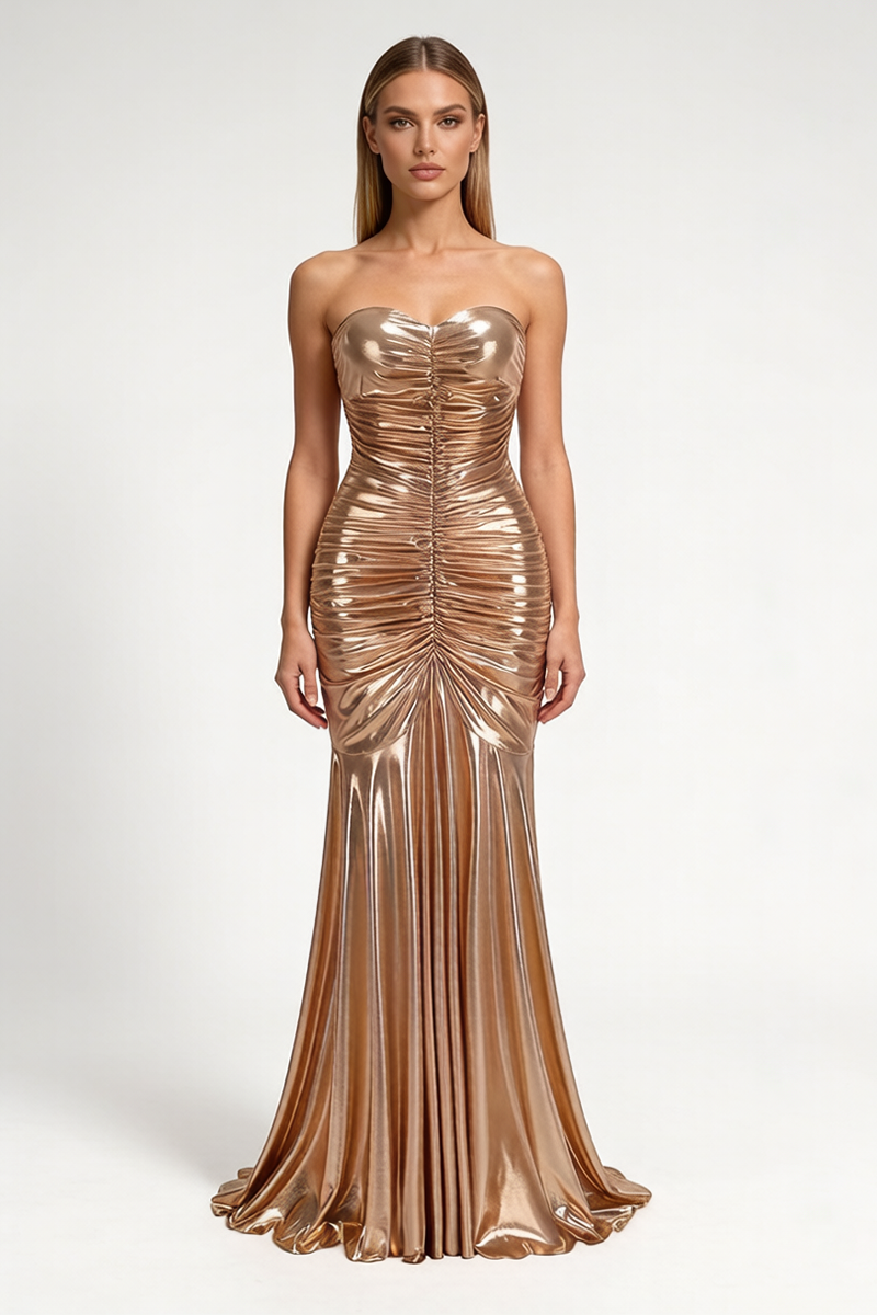 Strapless Shirred Front Fishtail Maxi Dress in Gold