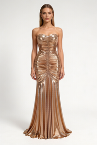Strapless Shirred Front Fishtail Maxi Dress in Gold