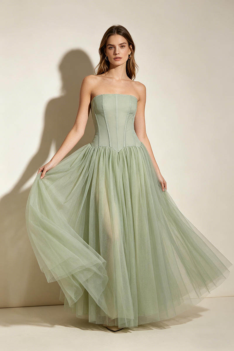 Strapless Tulle Pleated Gown in Green