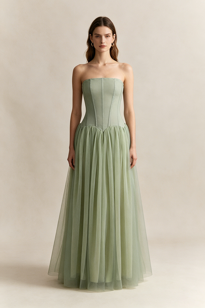 Strapless Tulle Pleated Gown in Green